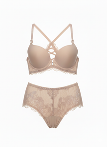 Lace Net Embroidery Double Strips Adjustable Straps Round Cup Bra and Panty Set