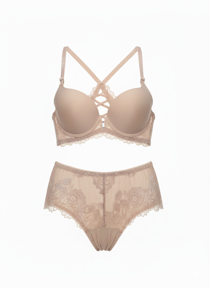Lace Net Embroidery Double Strips Adjustable Straps Round Cup Bra and Panty Set